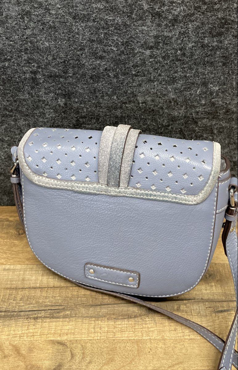 Clarks Blue Pebbled Leather Laser Cut Suede Trim Crossbody Shoulder Saddle Bag