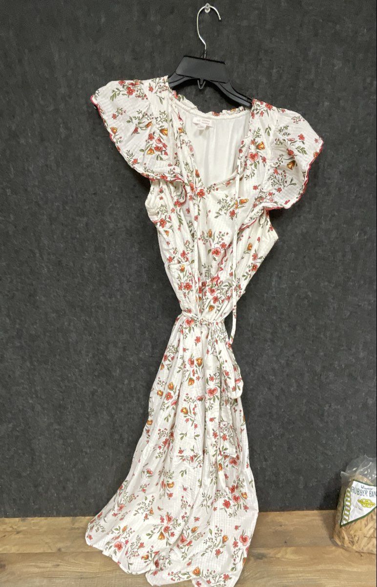 LC Lauren Conrad Women's White Floral Flutter Sleeve Tie Waist Dress Sz 1X