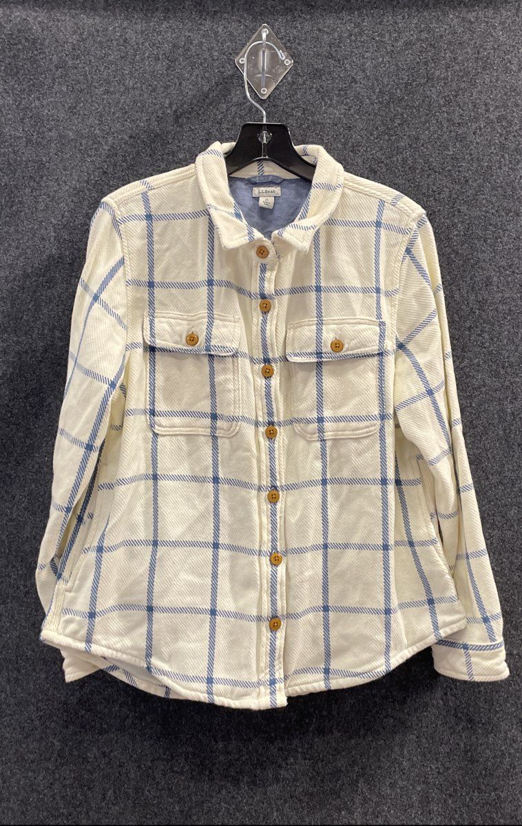 L.L. Bean Women's Lined Heritage Flannel Shirt Jacket White Blue Plaid Sz M Pet