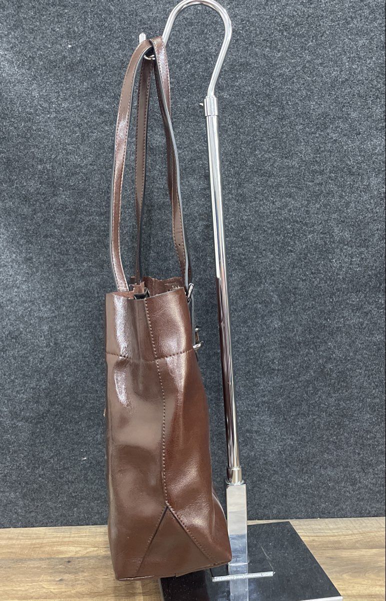 FZone Brown Leather Large Tote Shoulder Bag Silver Hardware Pocket