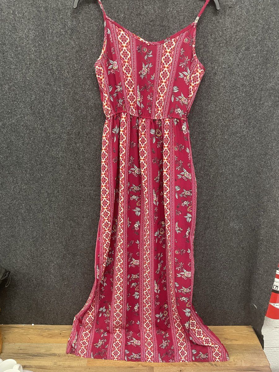 Pink Rose Vintage Women's Burgundy Floral Boho Spaghetti Strap Maxi Dress Sz M