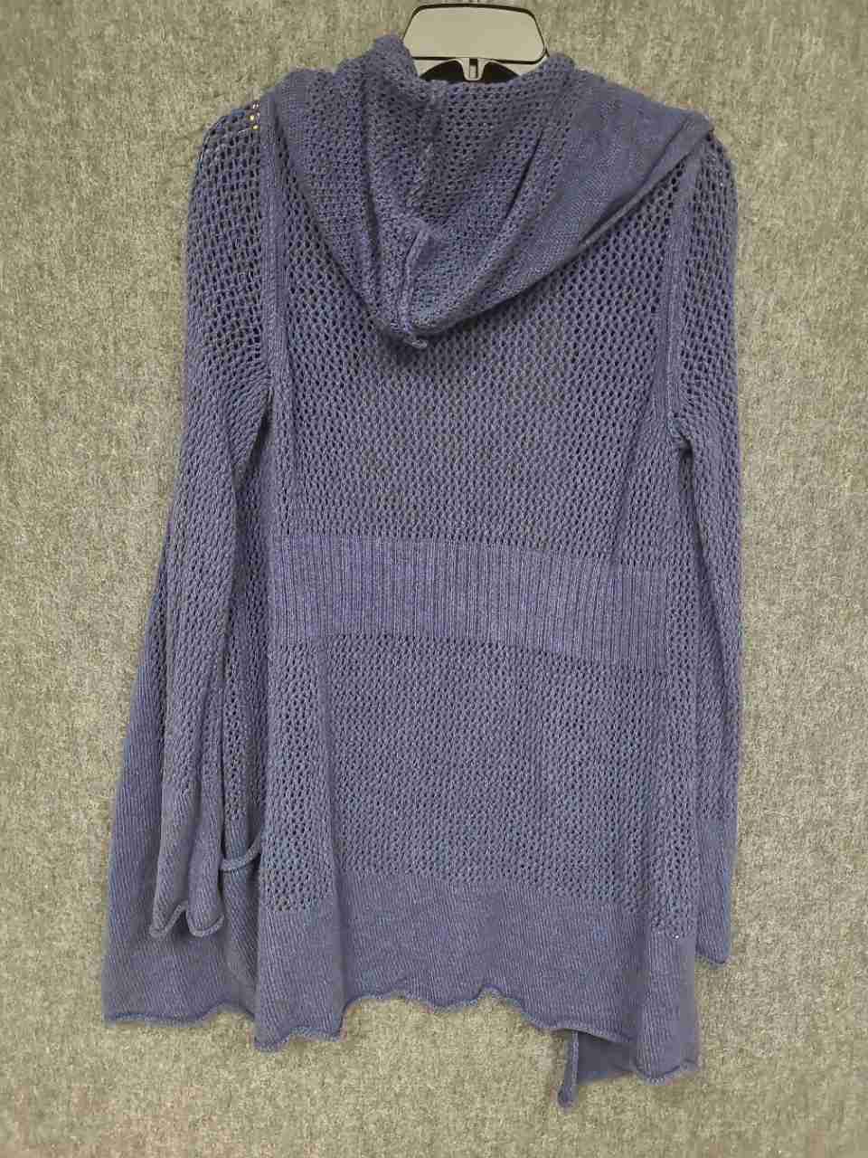 Eddie Bauer Women's Cardigan Blue Hooded Open Front Linen Cotton Knit Pockets L