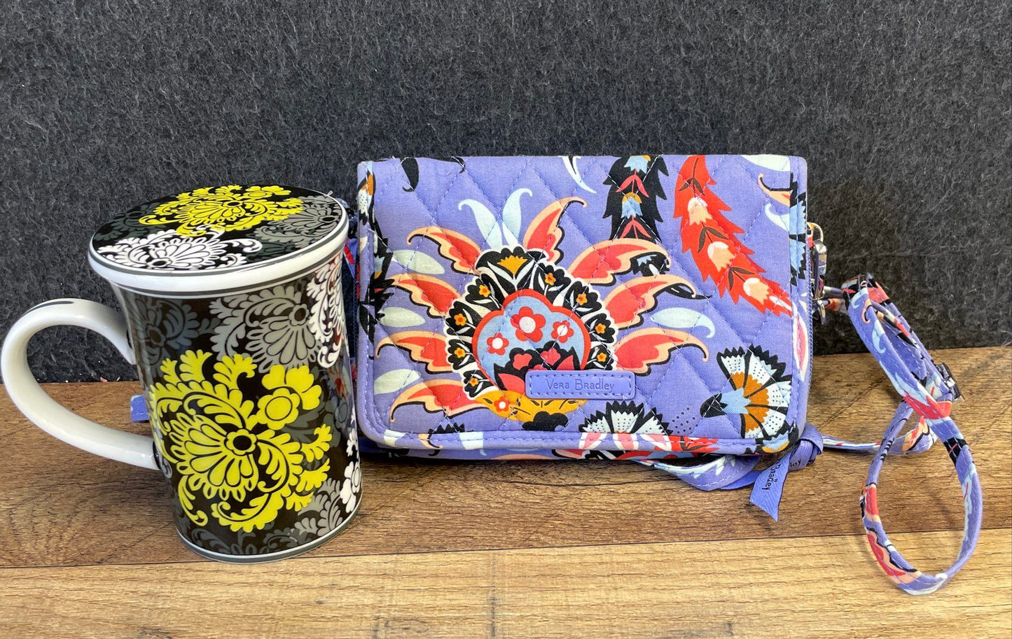 Vera Bradley Crossbody Wallet & Lidded Mug Baroque Floral Purse Lot of 2