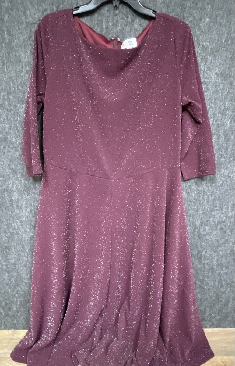 Unique Vintage Women's Burgundy Metallic Shimmer Fit Flare Dress Sz 1X 16