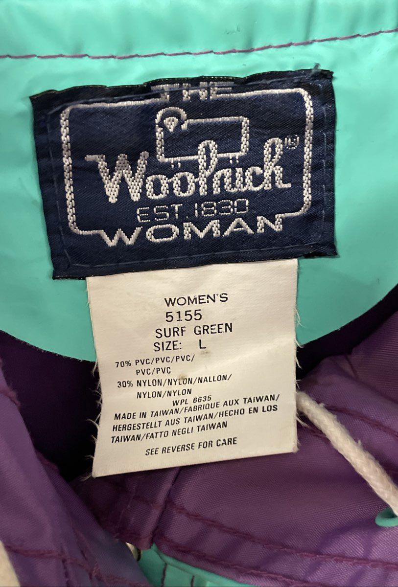 Vintage 90s Woolrich Women's Surf Green PVC Hooded Raincoat Jacket Purple Sz L
