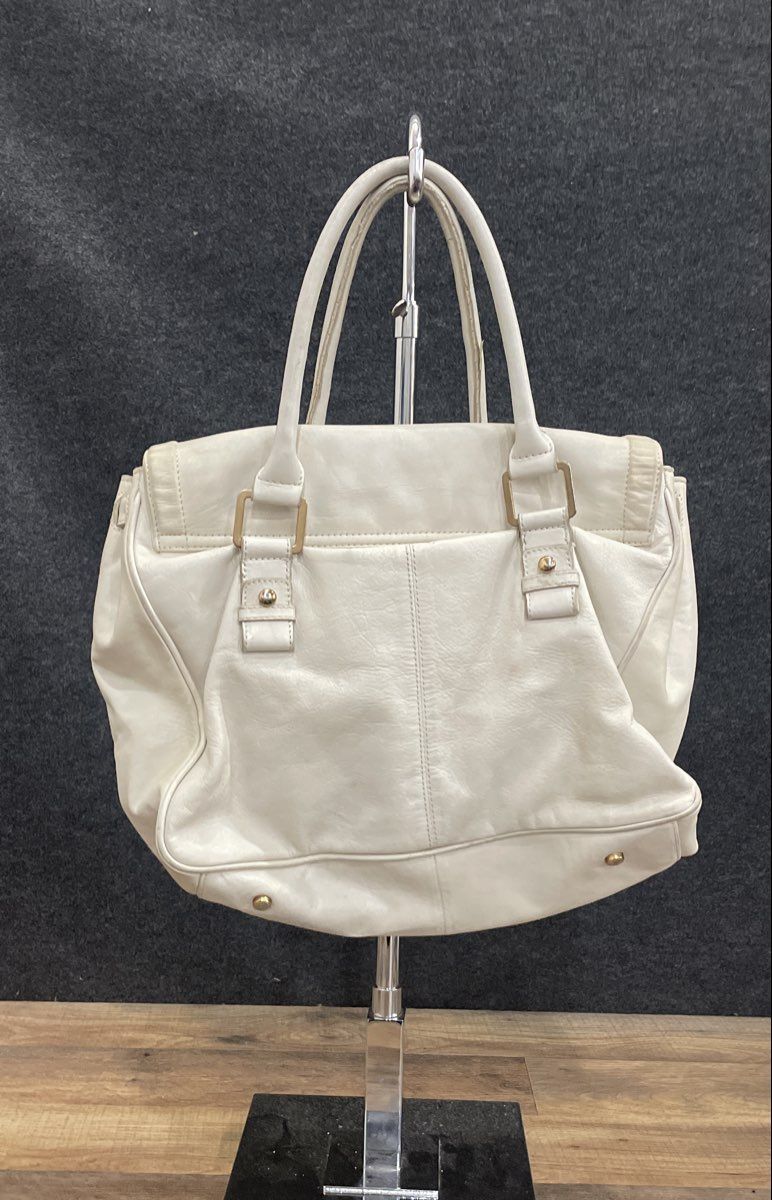 Charles David White Leather Satchel Handbag Large Gold Push Lock Closure