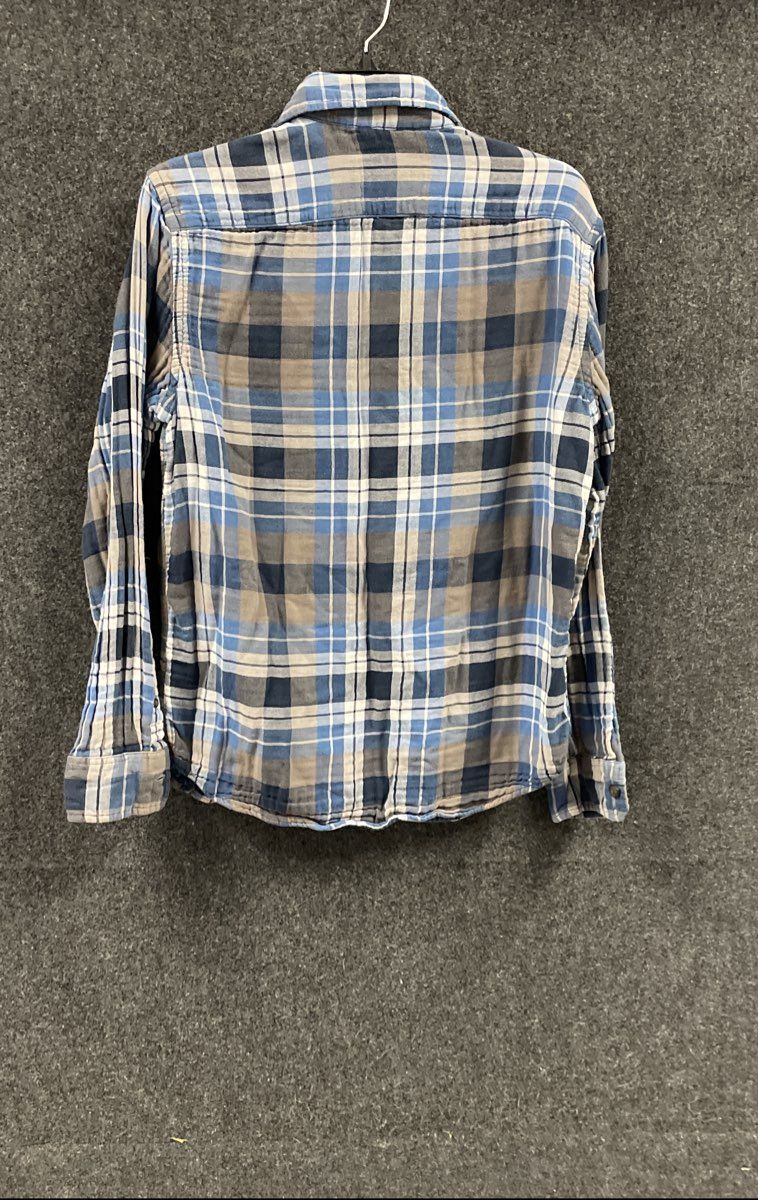 American Eagle Men's Blue Gray Plaid Flannel Shirt Double Pocket Cotton Sz M