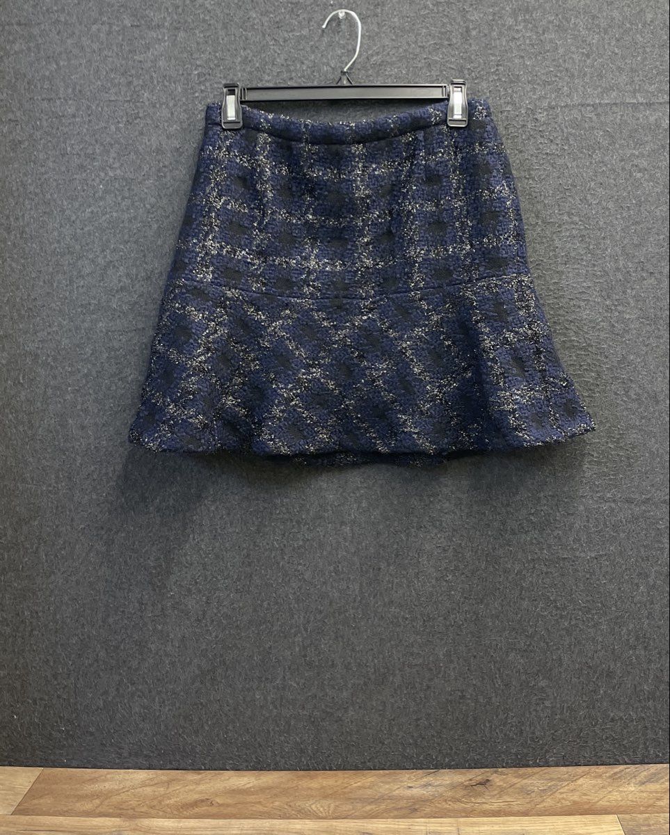Kenneth Cole Women's Navy Black Metallic Wool Blend Flared A-Line Skirt Size 14
