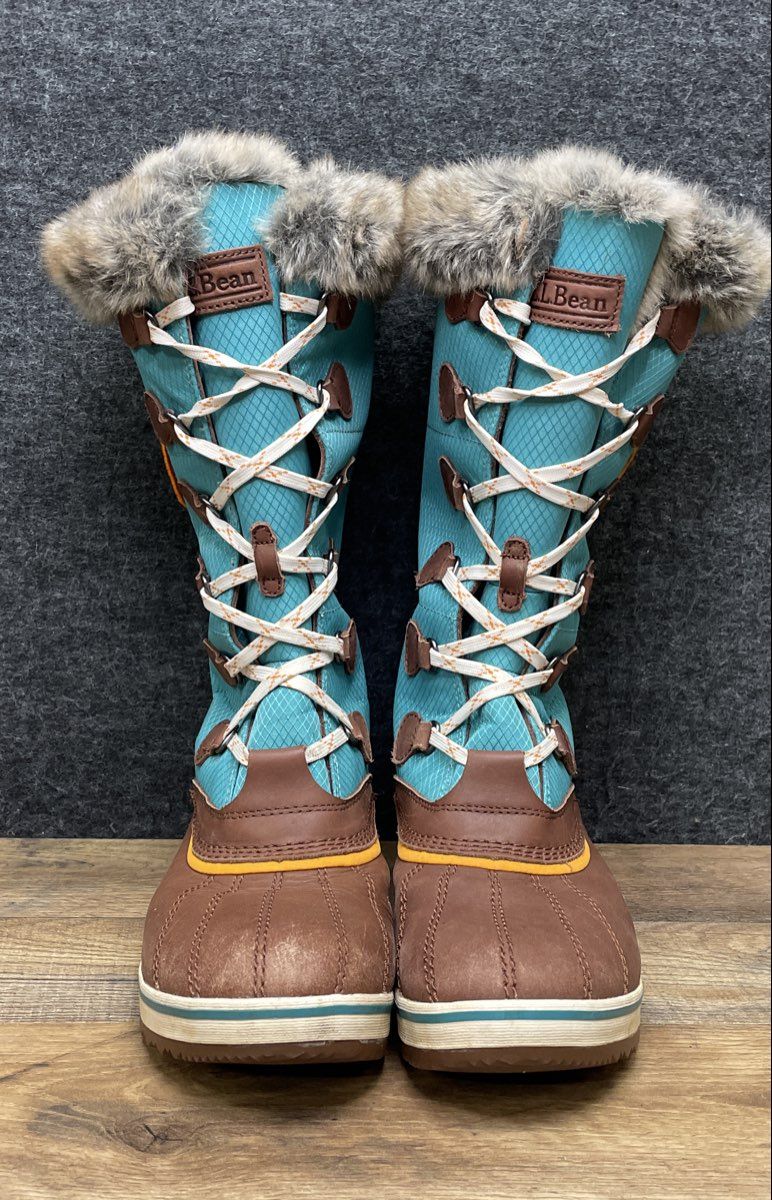 LL Bean Wildcat Boots Teal Brown Waterproof Faux Fur Snow Boots Women's Size 10