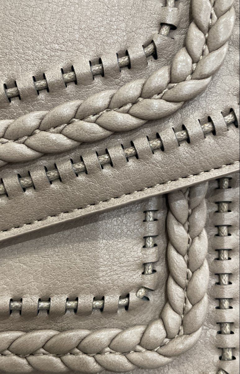 Grey Leather Braided Whipstitch Envelope Clutch Bag Gold Hardware Large