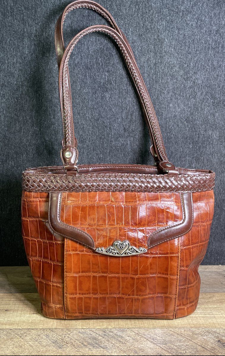 Marc Chantal Brown Crocodile Embossed Leather Shoulder Bag Silver Heart Hardware