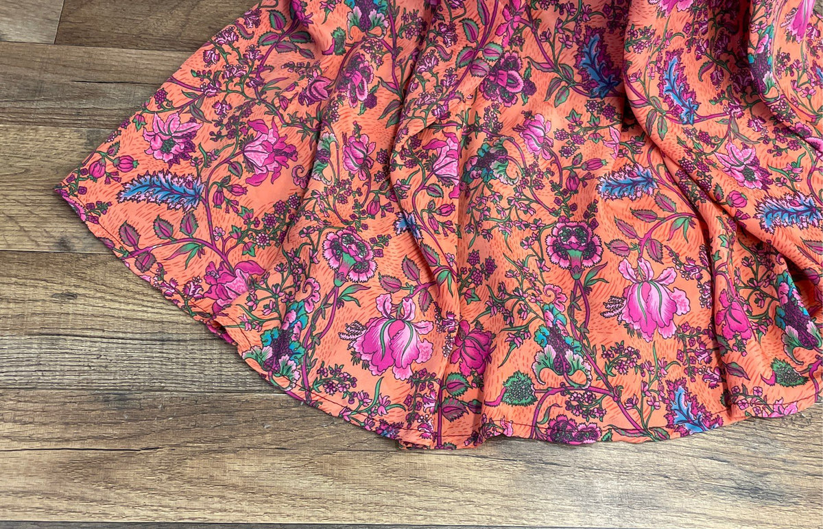White Waves Women's Orange Multi Floral Boho Plunging V-Neck Maxi Dress M NWT