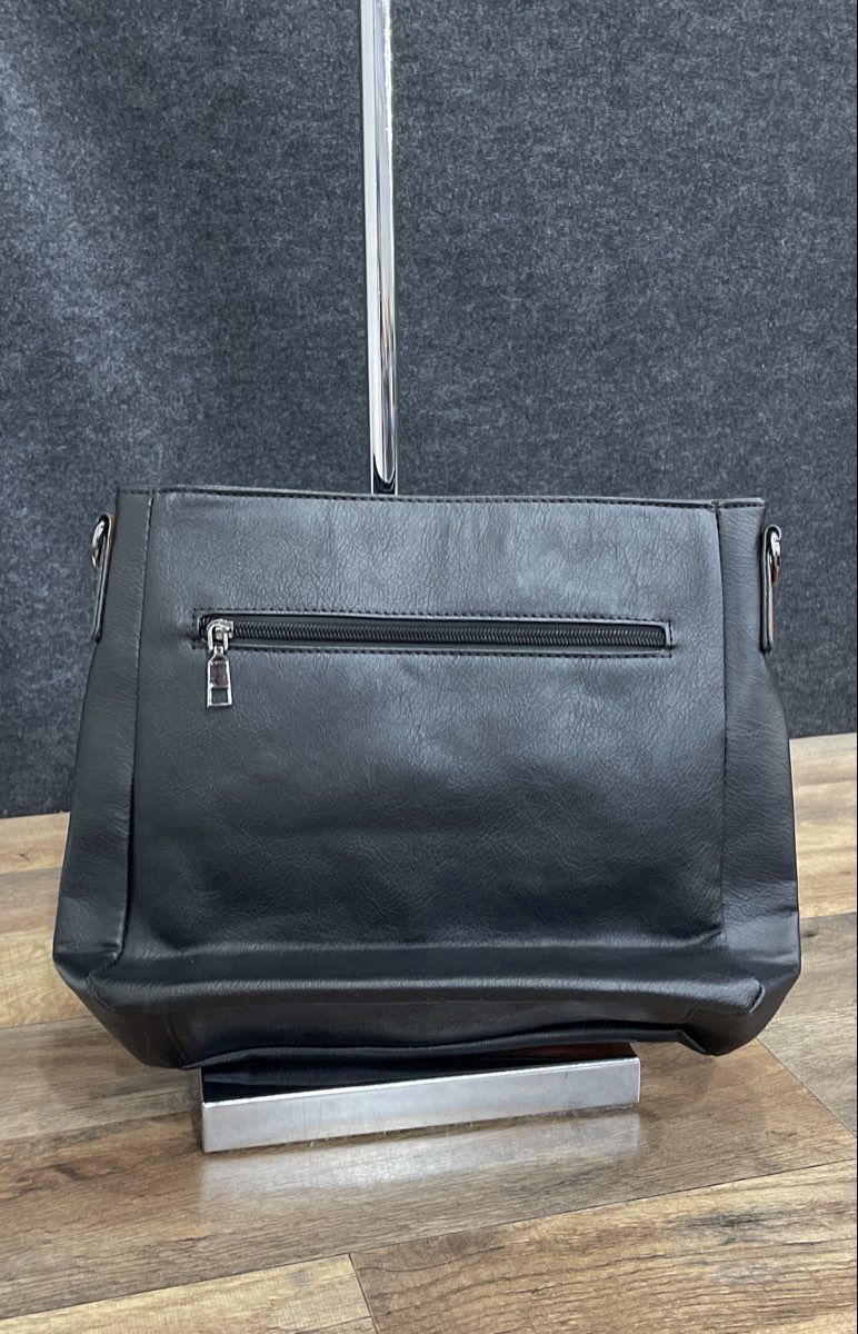 Rainsmore Black Brown Leather Multi-Pocket Shoulder Bag Silver Tone Hardware