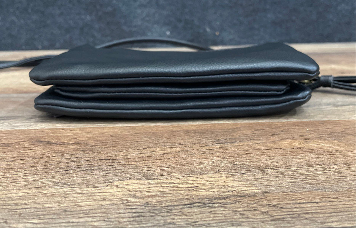 a.n.a Black Leather Triple Gusset Crossbody Bag Wristlet Brass Hardware