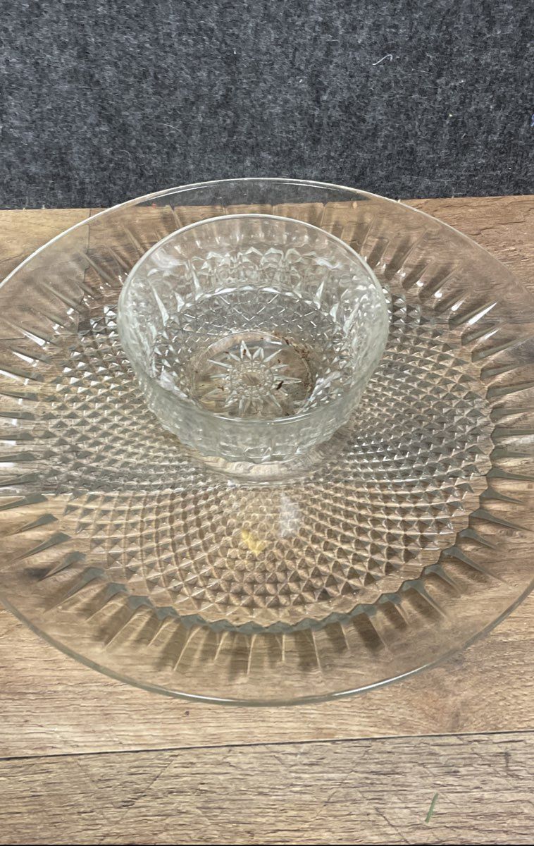 Vintage Luminarc Cavalier 2 Pc Snack Set 13" Platter & Bowl Pressed Glass