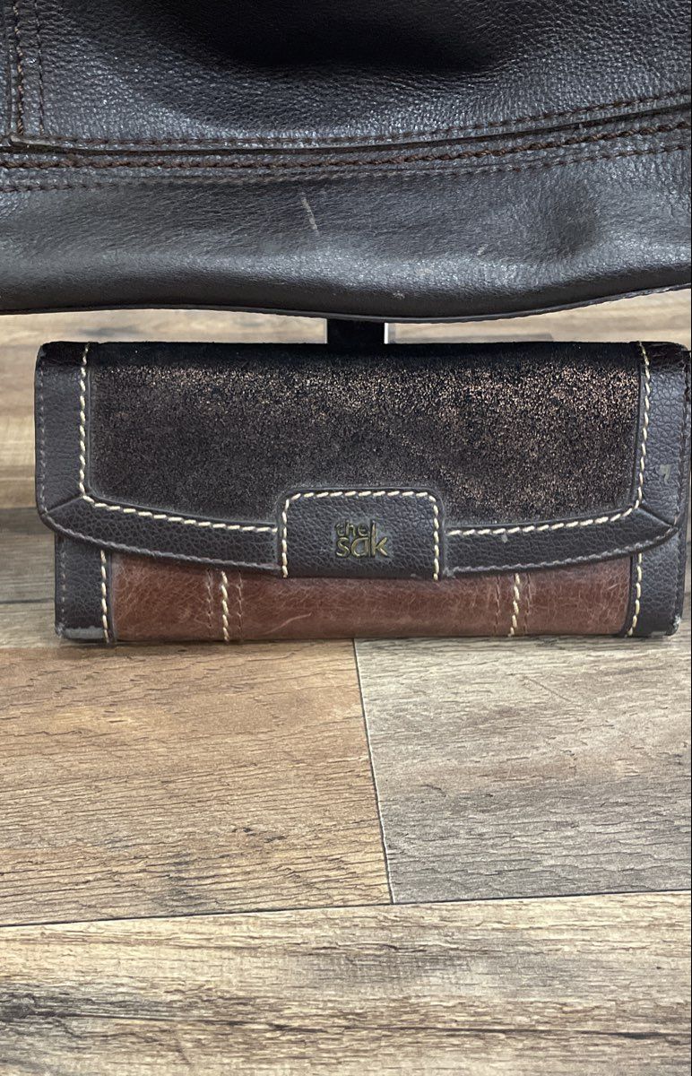 The Sak Dark Brown Pebbled Leather Shoulder Bag and Wallet Lot of 2 Pieces