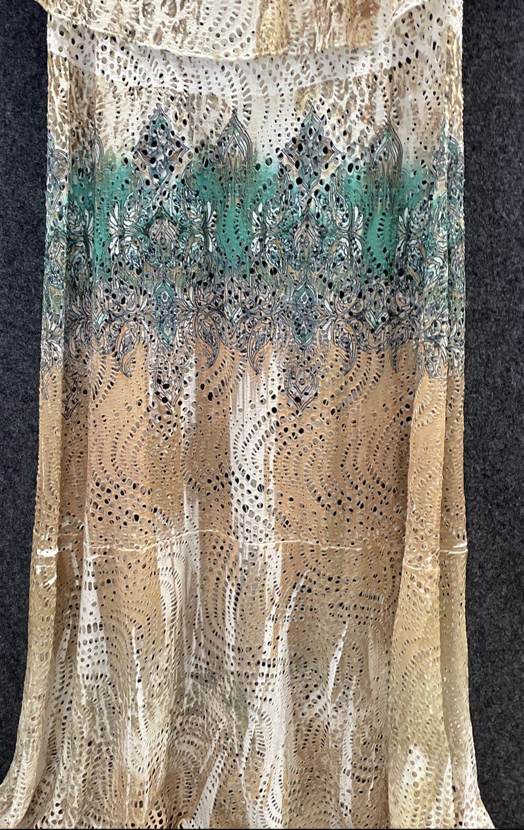 Reba Women's White Green Paisley Popover Embellished Maxi Dress Crochet Sz S