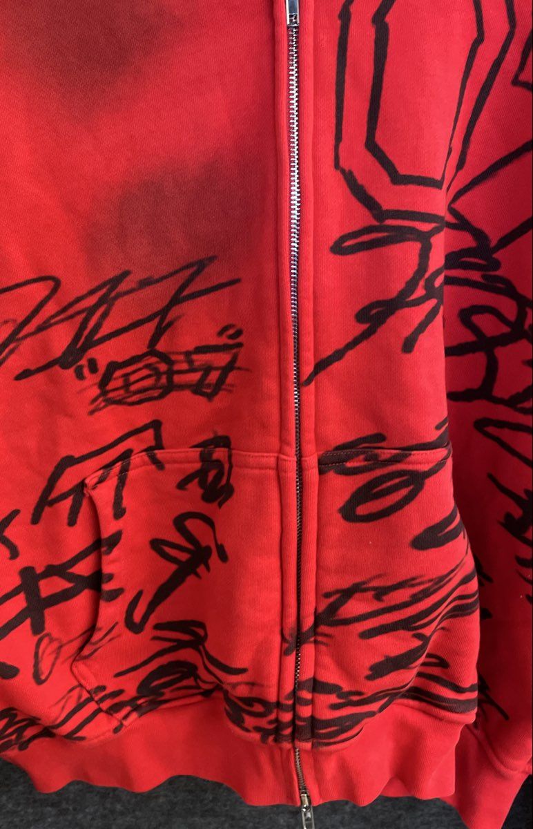 Men's Red Graffiti Graphic Distressed Full Zip Hoodie Sweatshirt Size M