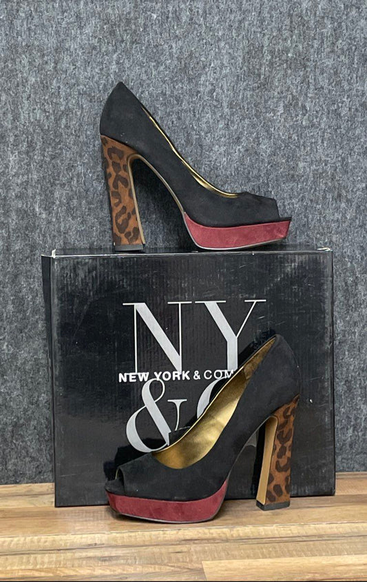 New York & Company 58th & Lex Black Burgundy Leopard Platform Pumps Size 8