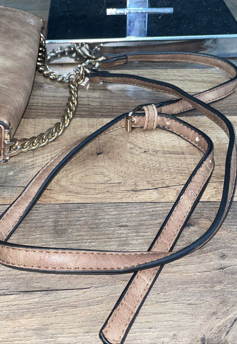 Tan Distressed Faux Leather Crossbody Shoulder Bag Circular Turn Lock Hardware