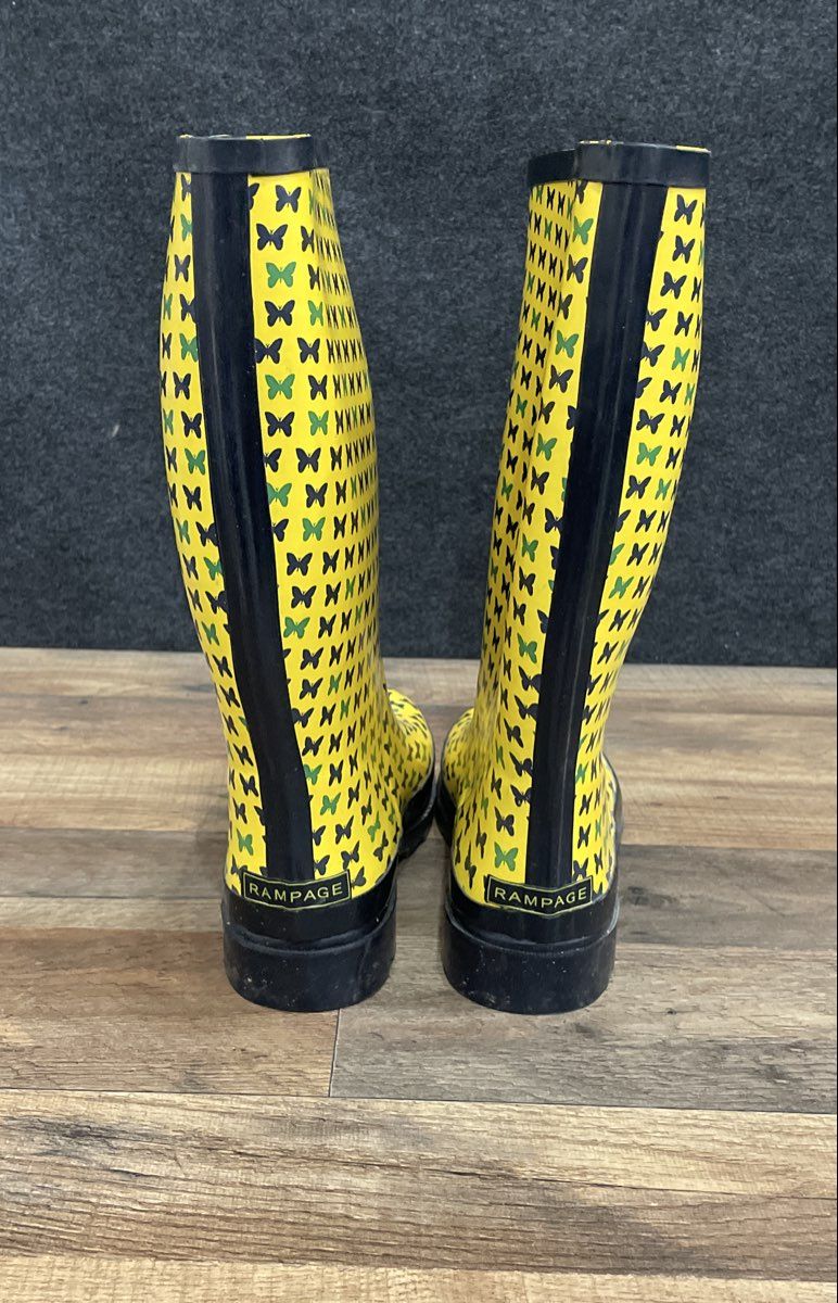 Rampage Yellow Butterfly Print Tall Rubber Rain Boots Women's Size 8