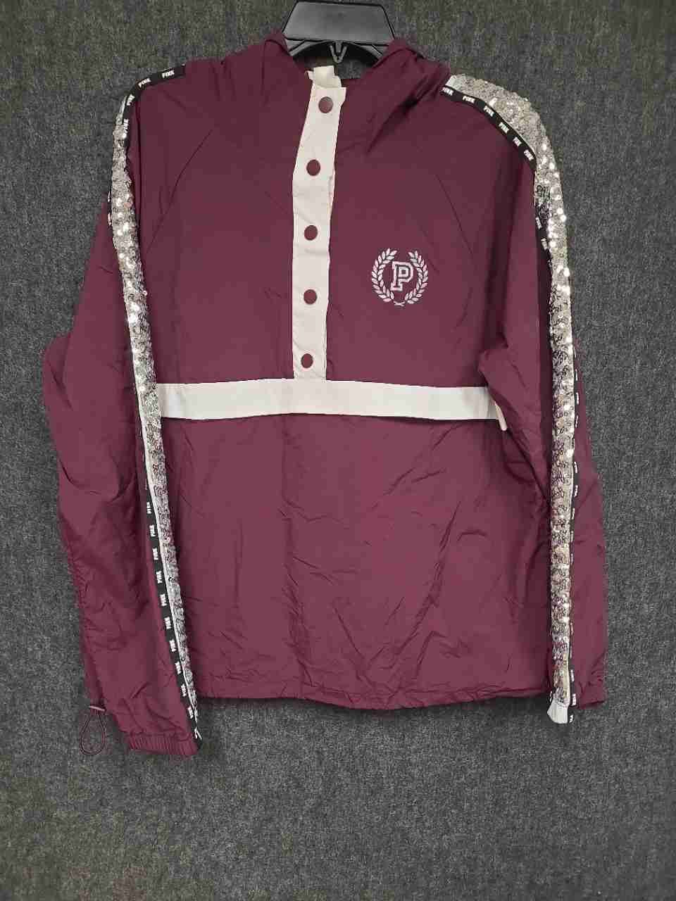 PINK Victoria's Secret Women's Burgundy Sequin Logo Anorak Jacket Sz M/L