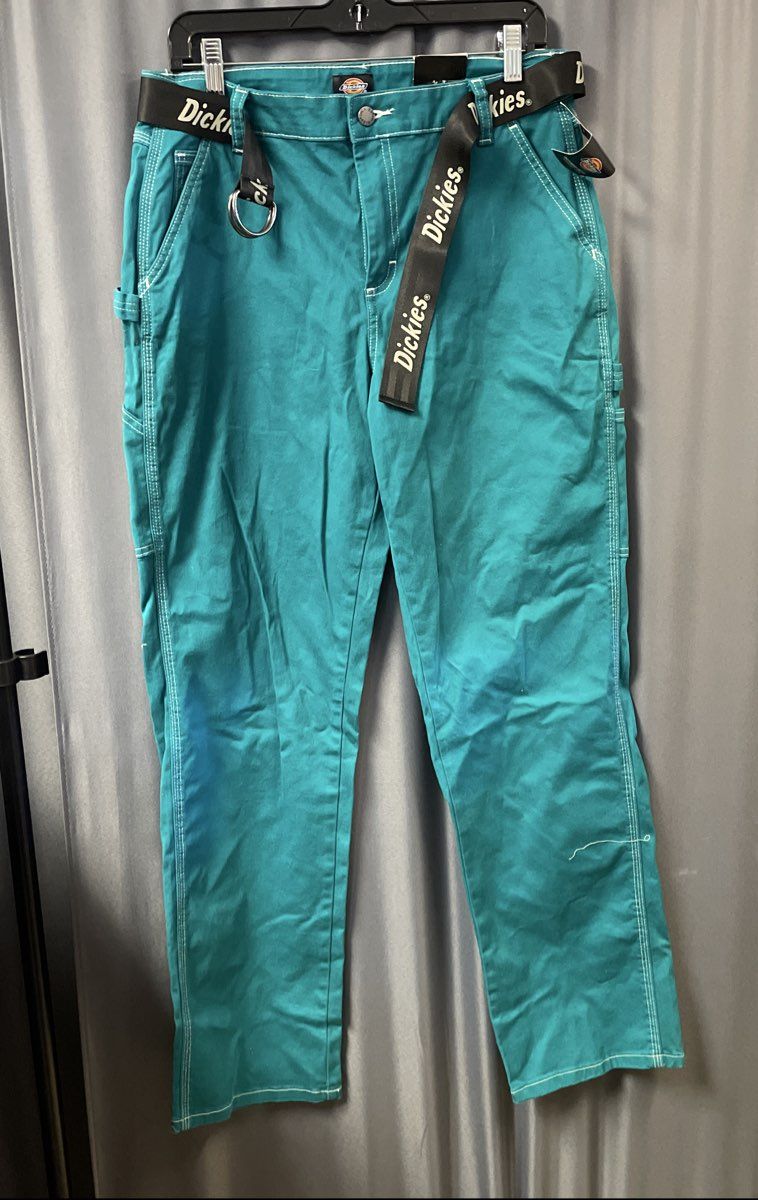 Dickies Women's Teal Belted Carpenter Pants Contrast Stitch Size 29R NWT