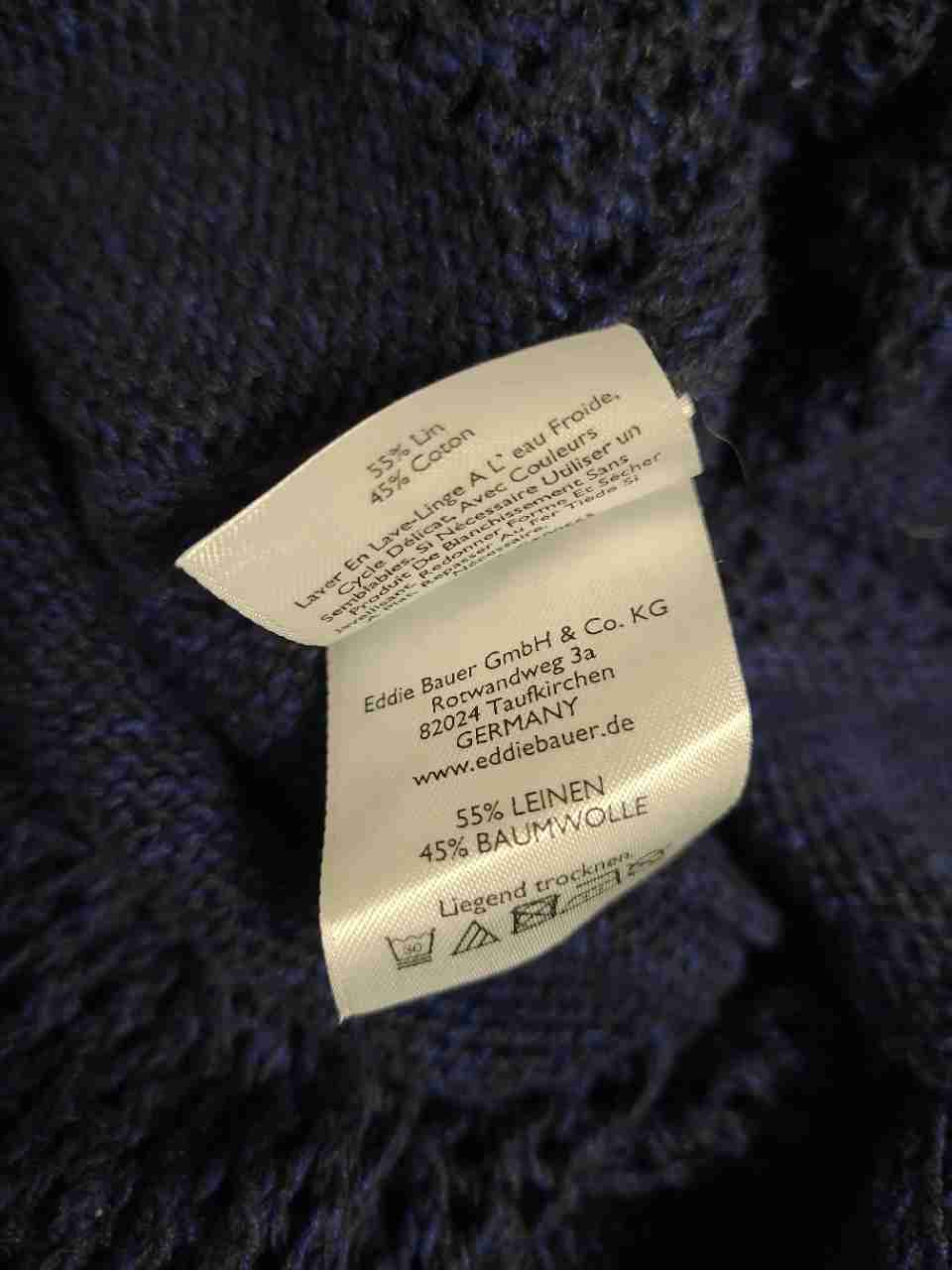 Eddie Bauer Women's Cardigan Blue Hooded Open Front Linen Cotton Knit Pockets L