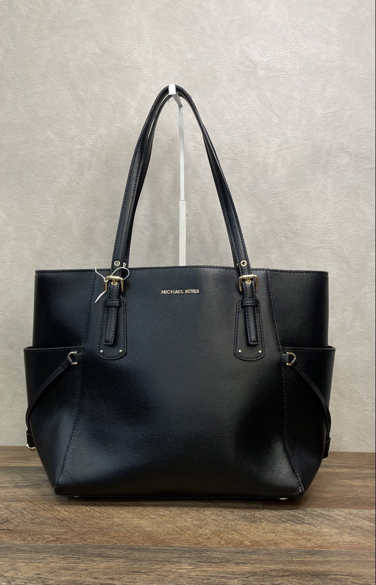 Michael Kors Black Saffiano Leather Voyager East West Tote Bag Gold Hardware