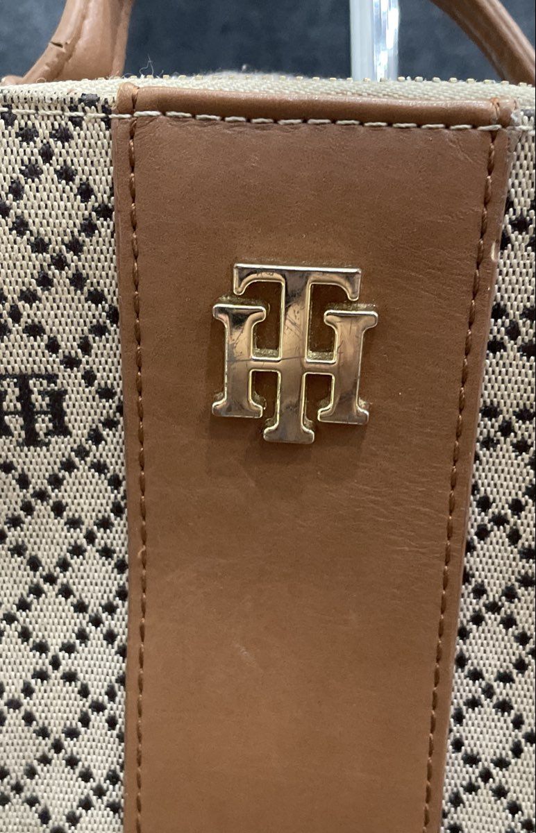 Tommy Hilfiger Tan Brown Monogram Jacquard Camera Crossbody Bag Gold Hardware