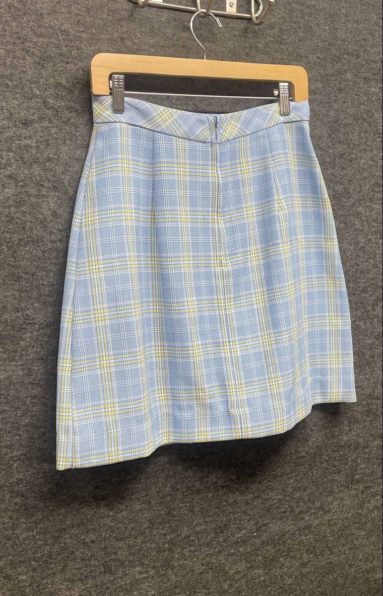 Vintage 70s Sears JR Bazaar Women's Blue Yellow Plaid Pleated Mini Skirt Size 13
