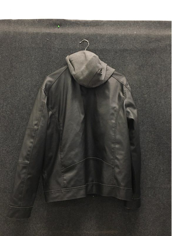 Guess Men's Black Faux Leather Jacket Layered Look Jersey Hood Moto Size XL