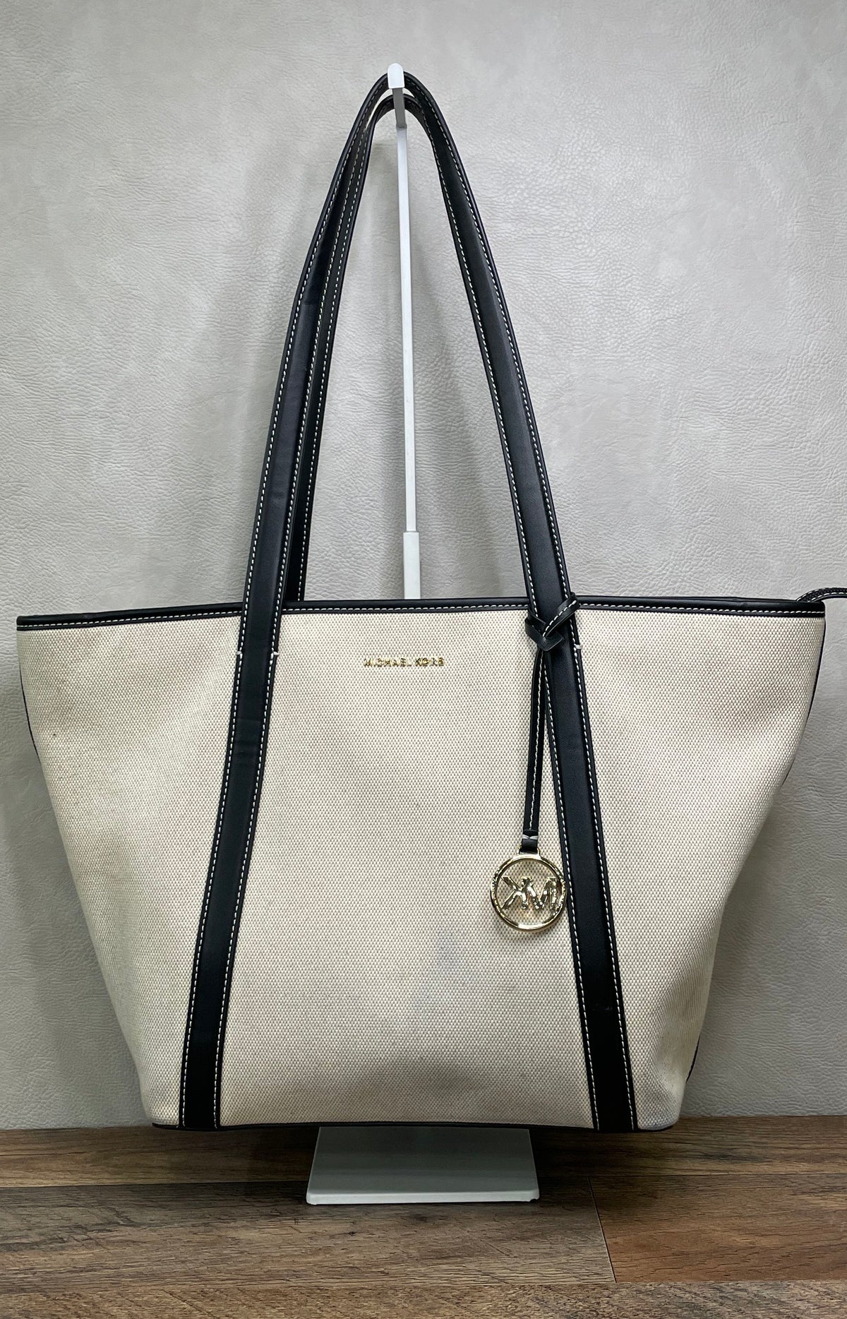Michael Kors Off-White Canvas Black Leather Trim Zip Top Tote Bag Gold Tone