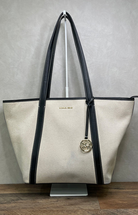 Michael Kors Off-White Canvas Black Leather Trim Zip Top Tote Bag Gold Tone