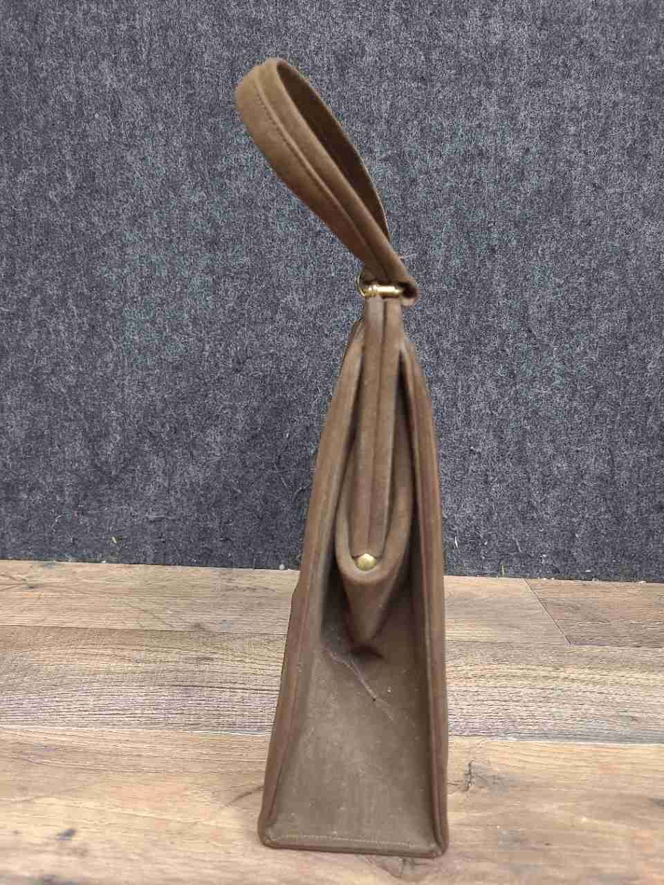 Vintage 1950s Brown Suede Leather Stripe Top Handle Frame Bag Handbag