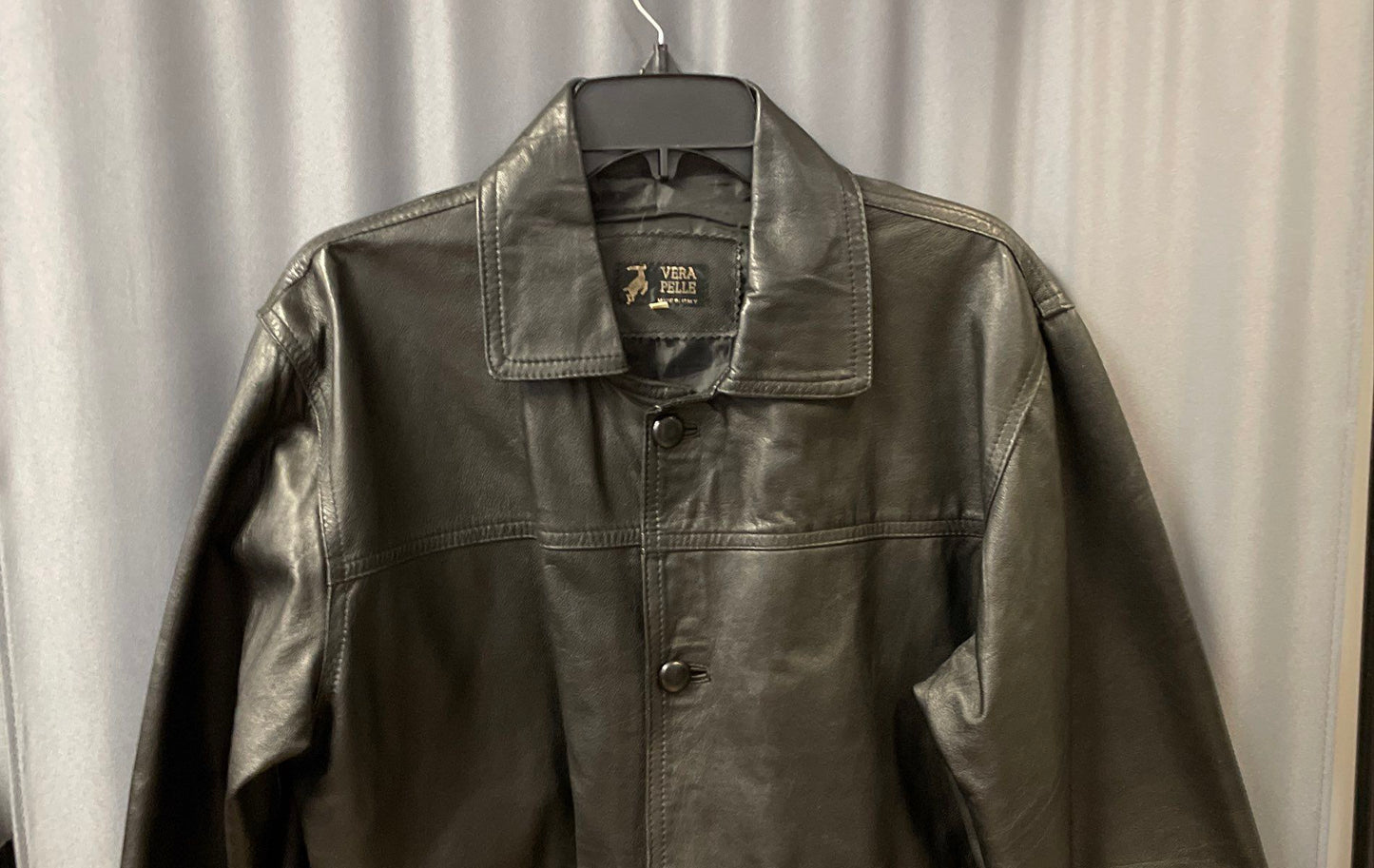 Vera Pelle Men's Black Leather Car Coat Made in Italy Button Front Sz S