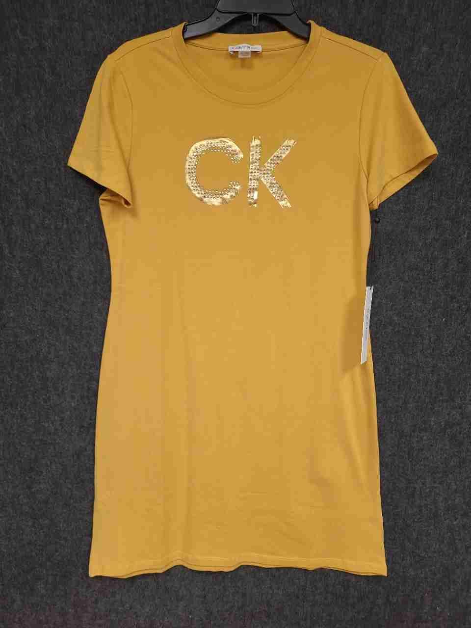 Calvin Klein Women's Ochre Yellow Studded CK Logo T-Shirt Dress NWT Sz S