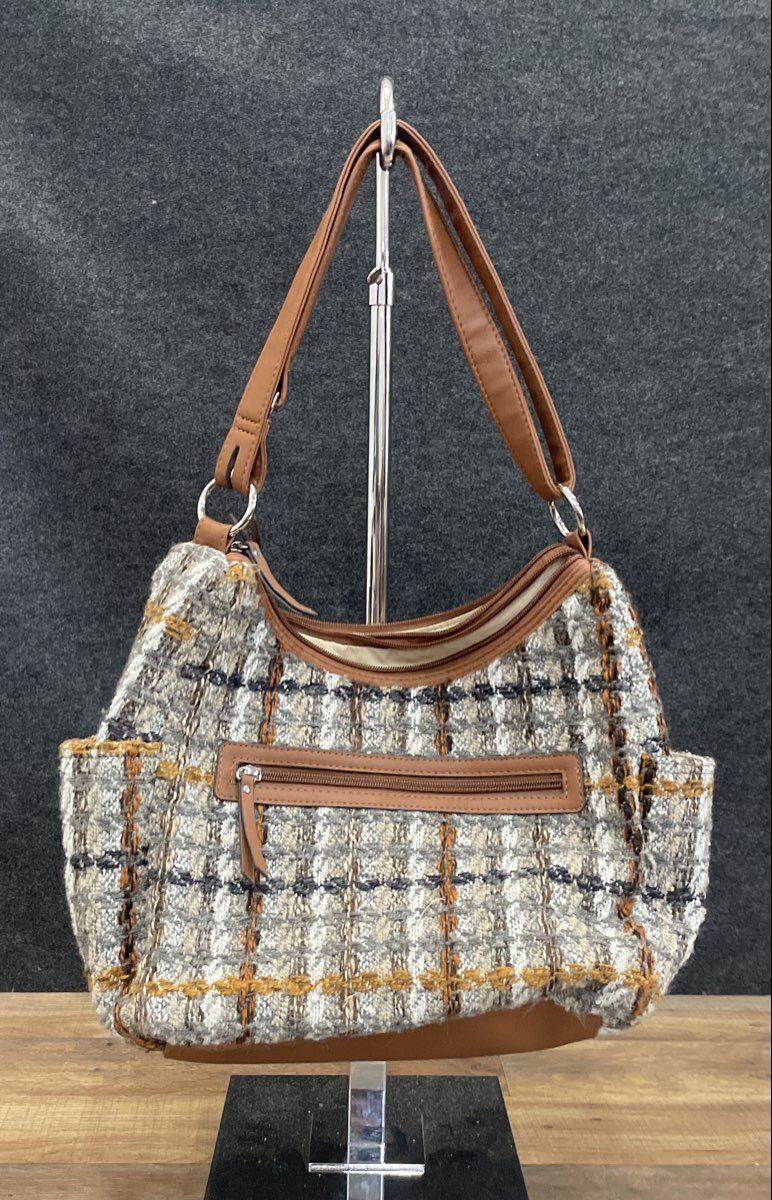 Rosetti Brown Tan Multi Knit Tweed Shoulder Bag Hobo Faux Leather Trim