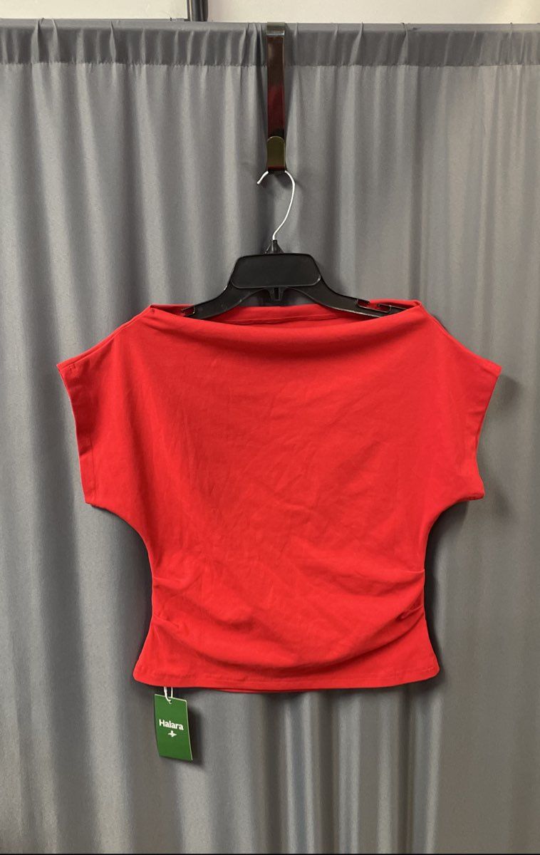 Halara Women's Red Boat Neck Ruched Side Cap Sleeve Athleisure Top Sz S NWT