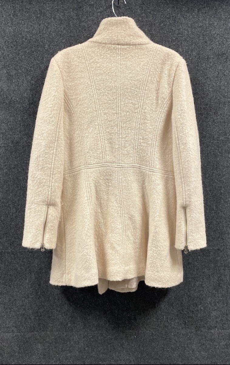 Guess Los Angeles Women's Ivory Wool Blend Asymmetrical Zip Boucle Textured Coat