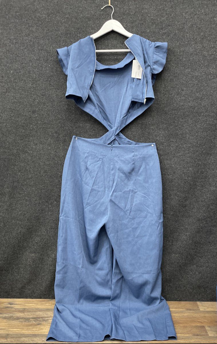 Bigersell Women's Blue Denim Jumpsuit Ruffle Trim Cutout Back NWT Size M