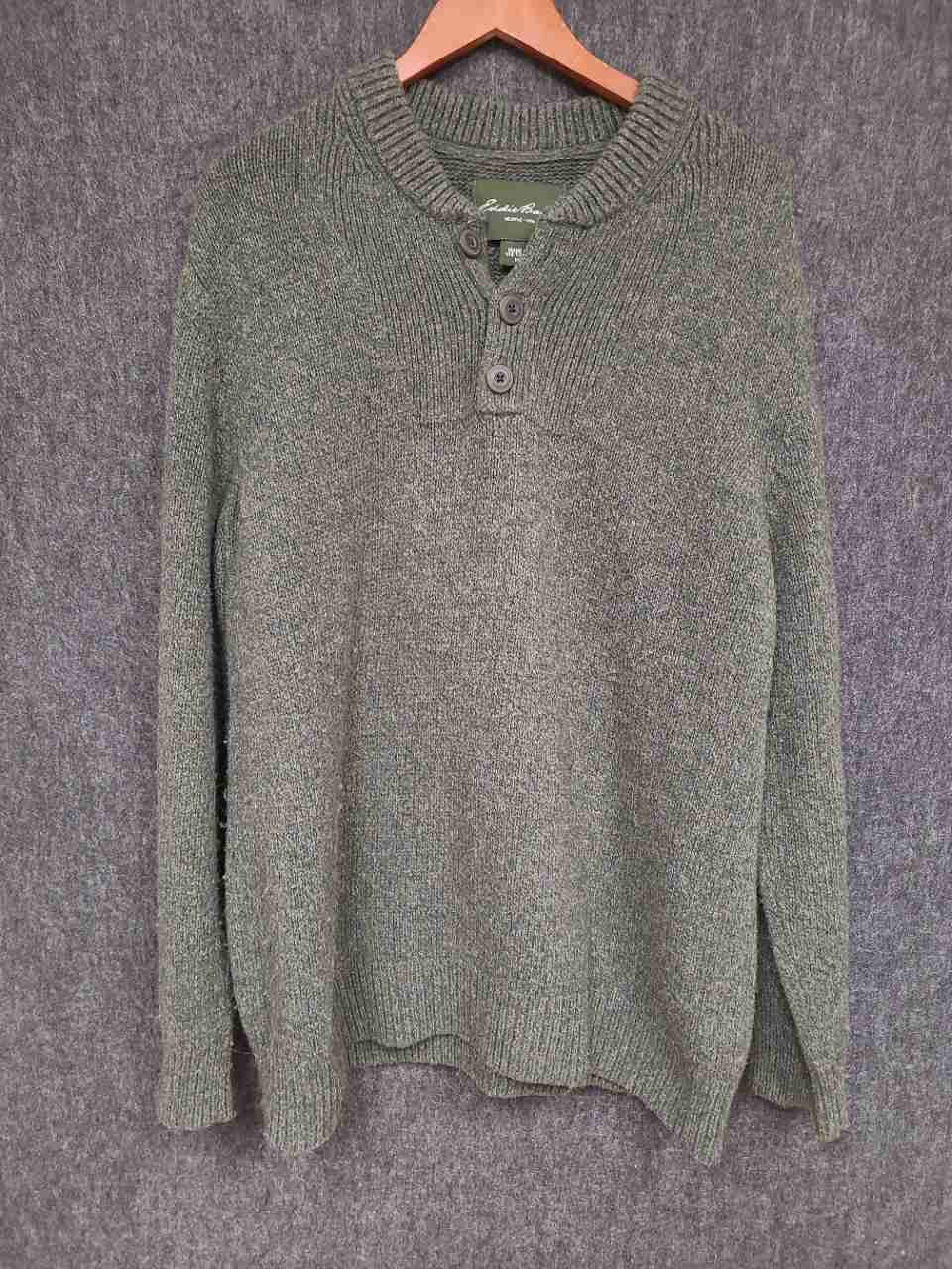 Eddie Bauer Men's Henley Sweater Green Cotton Wool Blend Ribbed Mock Neck XL