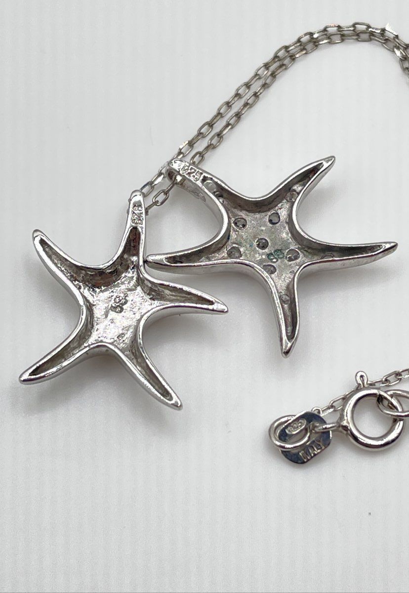 925 Sterling Silver Two Starfish (One W/ CZ Accents) Pendant Necklace 2.9g