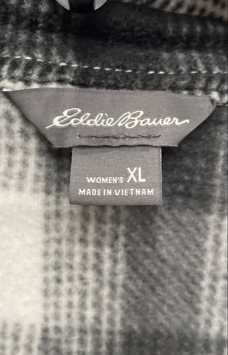 Eddie Bauer Women's White Black Plaid Microfleece Button Up Shirt Jacket Sz XL