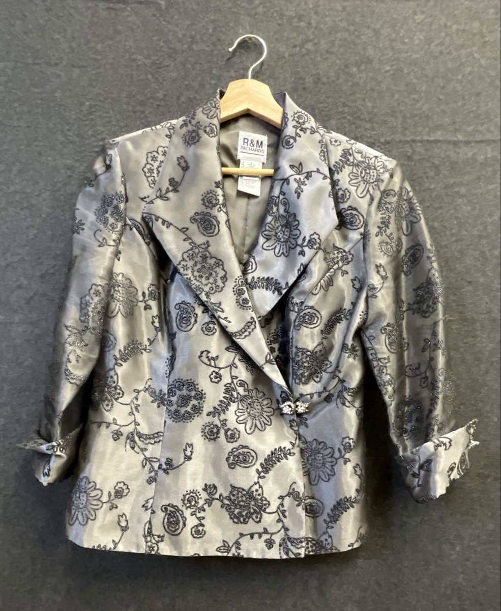 R&M Richards Women's Metallic Gray Floral Embellished Sheer Sleeve Jacket Sz 8
