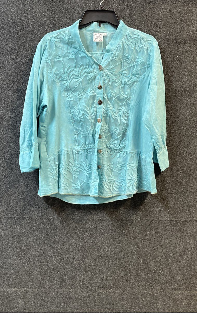 Parsley & Sage Women's Teal Aqua Embroidered Cotton Button Up Shirt Blouse Sz L