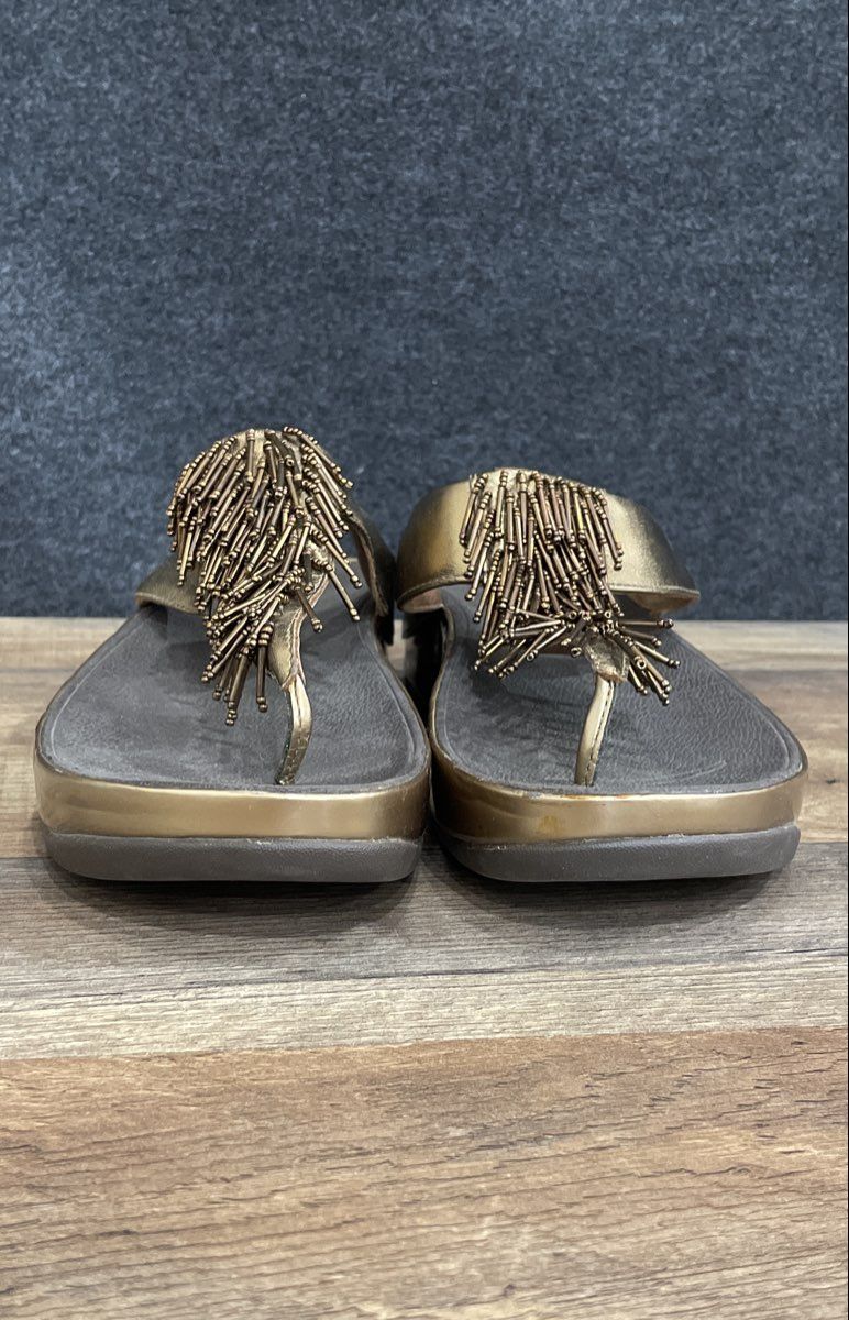 FitFlop Tasha Fringe Bronze Black Beaded Thong Sandals Women's Size 9