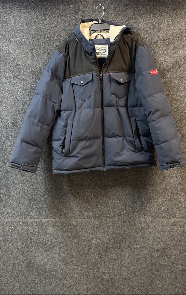 Levi's Men's Blue Black Arctic Cloth Hooded Sherpa Lined Puffer Jacket Size XL