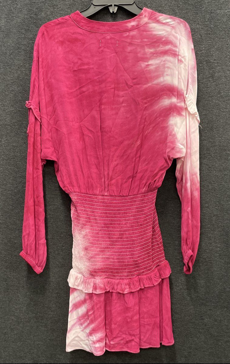 AQUA Women's Pink White Tie Dye Smocked Ruffled V-Neck Mini Dress XS NWT