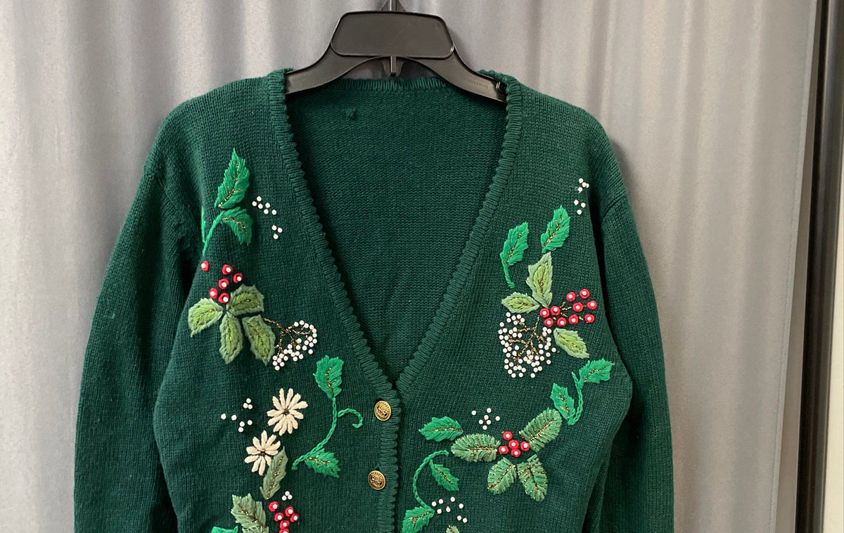 Vintage 90s The Limited Women's Green Embroidered Beaded Holiday Cardigan Sz M/L